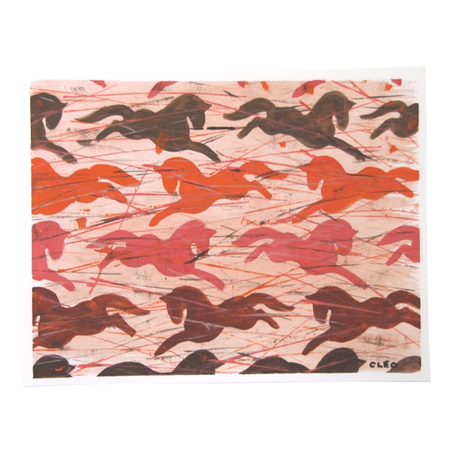Horses Abstract Boho Minimalism Orange Sienna Raspberry Pink Original Painting by Cleo Plowden For Sale