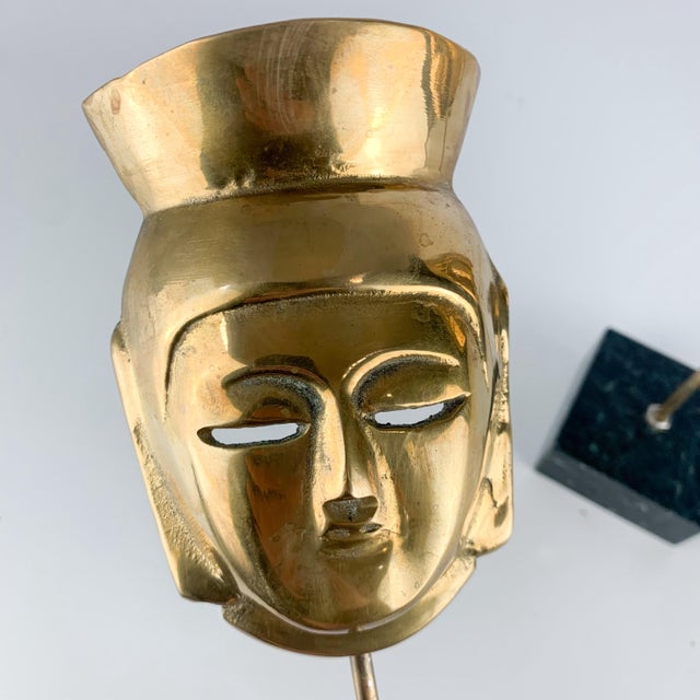 Stone Mid 20th Century Pair Vintage Polished Brass Mid Century Asian Mask Buddha Head on Marble Base For Sale - Image 7 of 10