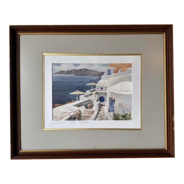 1980's Vintage Santorini Watercolor Landscape Painting, Signed For Sale