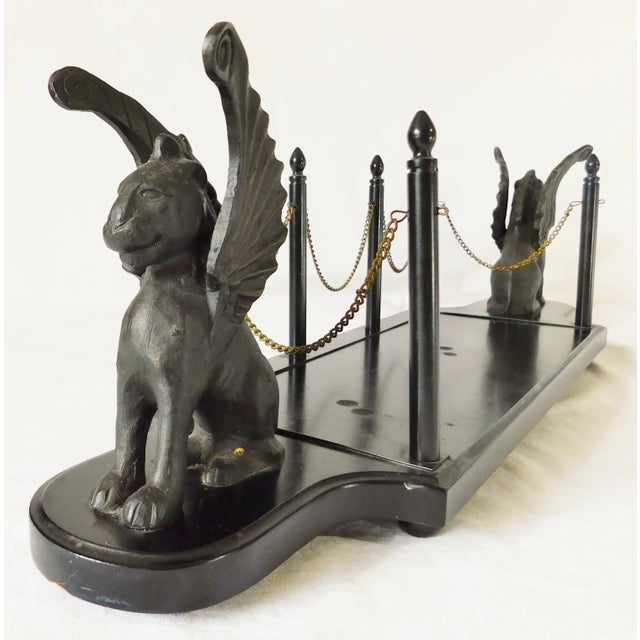 Large Vintage Ornate Gothic Black Metal & Wood Gargoyle Footed Candle Holder Tray Stand For Sale - Image 4 of 11