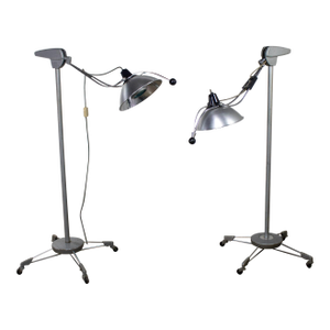 Mid-20th Century Industrial Surgical Floor Lamps Metal Frames & 4 Prong Bases W/Casters by Wilmot Castle Co.