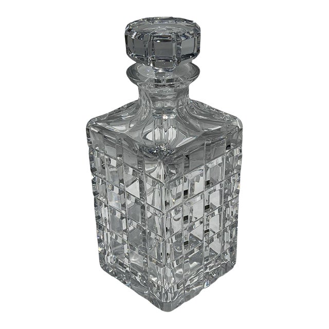 Late 20th Century Attributed Atlantis Crystal Square Cut Decanter With Faceted Stopper For Sale