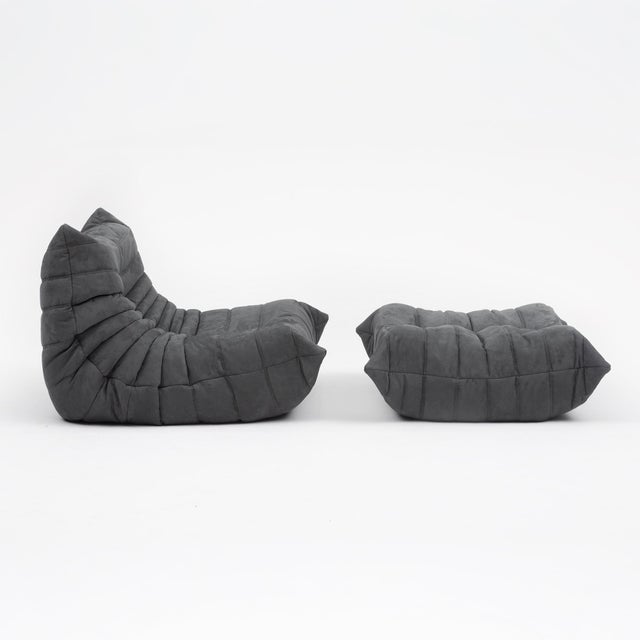 Gray Authentic Restored Togo Fireside Chair and Ottoman in Shadow Grey Microfibre - Vintage Ligne Roset For Sale - Image 8 of 17