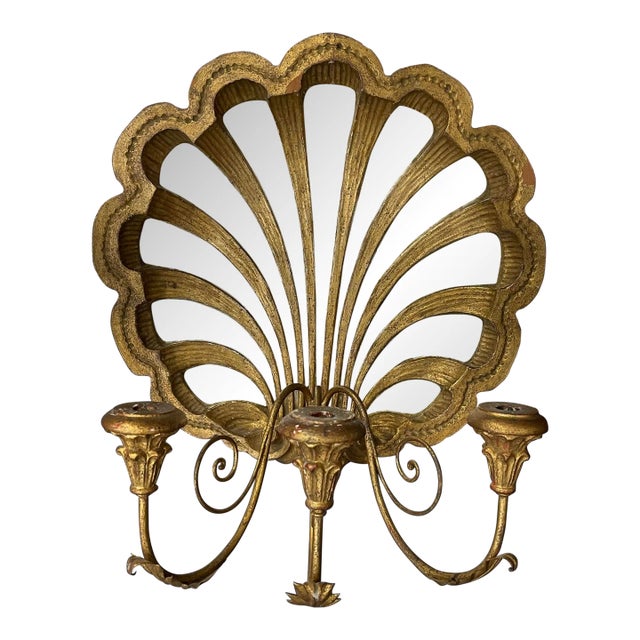 1980w Gilt Carved Shell Mosaic Mirror With a Three-Branch Sconce Arm For Sale