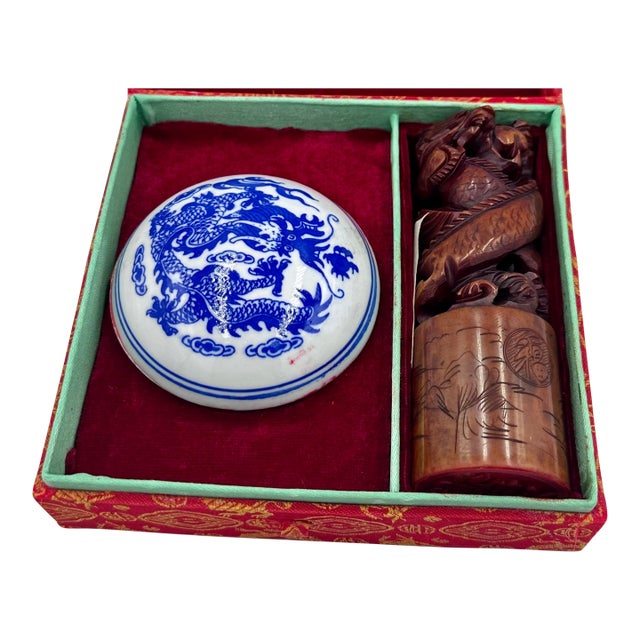 Vintage Chinese Dragon Hand Carved Soapstone Shop Seal & Red Ink Pot Set For Sale