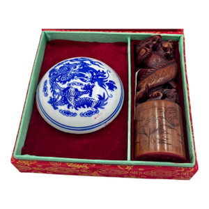 Vintage Chinese Dragon Hand Carved Soapstone Shop Seal & Red Ink Pot Set