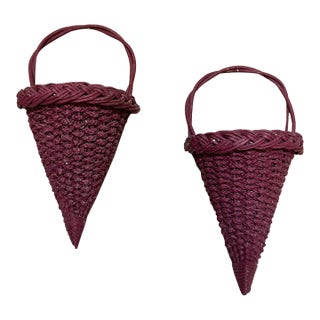 Mid 20th Century Victorian English Burgundy Wicker Conical Shaped Handle Wall Pockets, a Pair For Sale