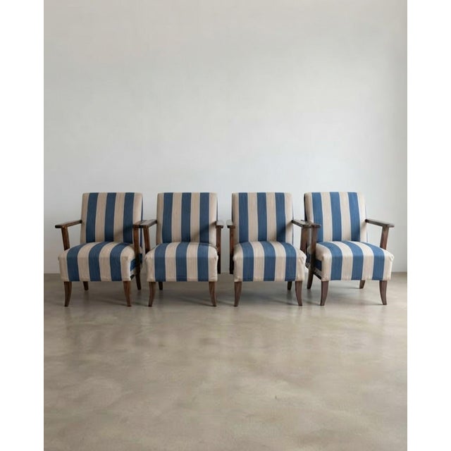 Vintage Hungarian Lounge Chairs in Blue and Cream Striped Fabric with Wooden Frames, 1950s, Set of 4 For Sale - Image 4 of 6
