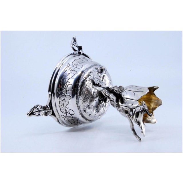 Metal Flower-Shaped Silver Toothpick Holder with Bird Perched on Branch and Base with Acanthus Leaves and Labor Motifs For Sale - Image 7 of 10
