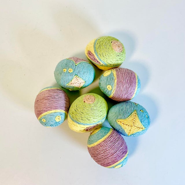 Shabby Chic 1980s Vintage Boho Chic Arts & Crafts Paper Cord Wrapped Easter Eggs - Set of 7. For Sale - Image 3 of 10