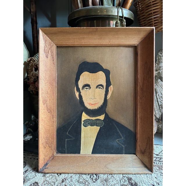 Circa 1940 American Folk Revival Portrait of Abraham Lincoln, Oil on Canvas Board For Sale - Image 10 of 10