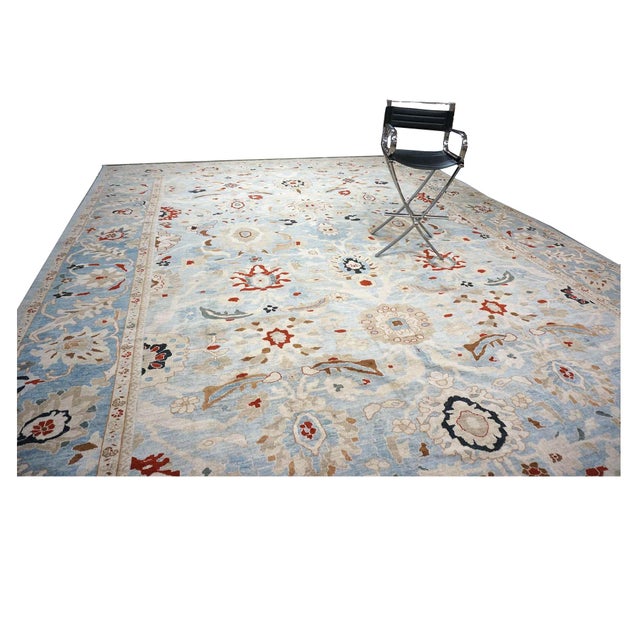 Textile Persian Sultanabad Wool 14 X 20 Light Blue & Teal With Rust Oversized Rug #1140199 For Sale - Image 7 of 10