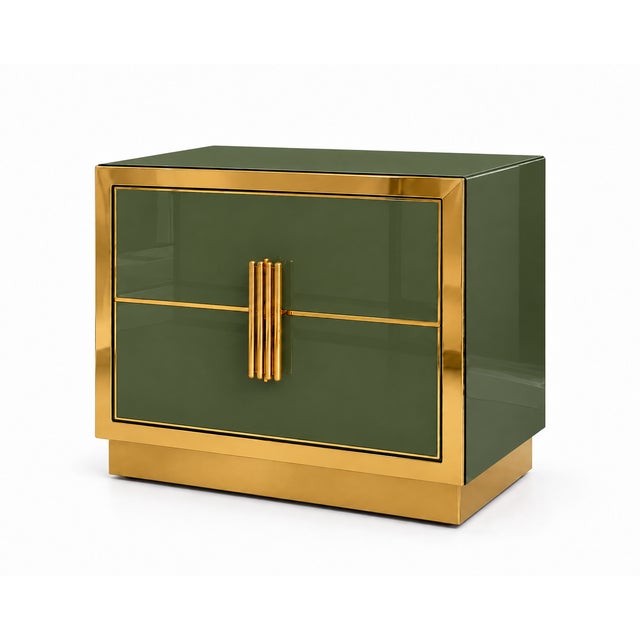 Olive Green Glass Nightstand with Recessed Brass Plinths, Italy, Set of 2 For Sale - Image 6 of 11