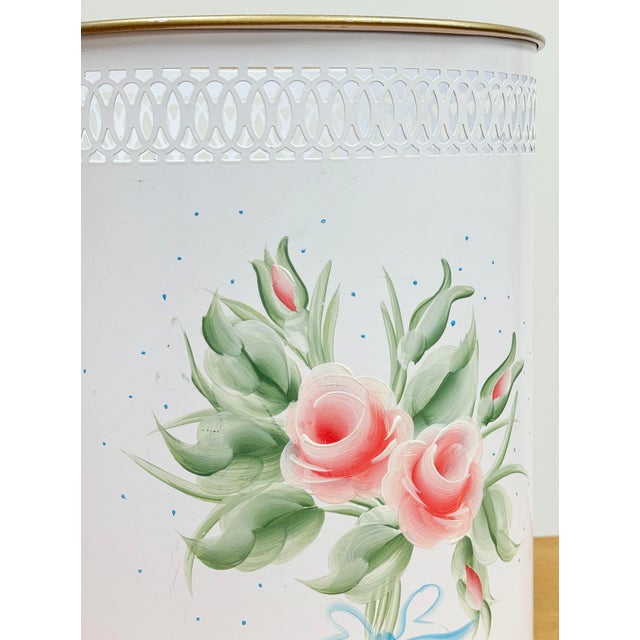 Metal Vintage Hand-Painted Tole Floral Pierced Metal Waste Bin For Sale - Image 7 of 8