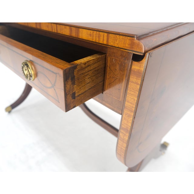 Yew Wood Drop Leaves Two Drawers Low Profile Brass Feet Desk Console Table MINT For Sale - Image 13 of 18