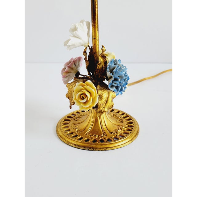 Metal Antique French Gilt Metal Dresser Lamp With Porcelain Flowers. For Sale - Image 7 of 10
