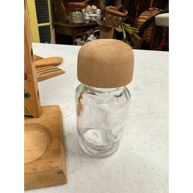Brown Mid Century Wooden Spoon Holder with Salt & Pepper Set -8 Pieces For Sale - Image 8 of 10