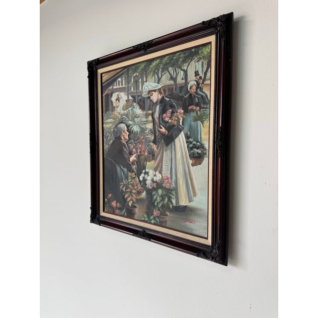 1970s Vintage Bruce Figurative Floral Market Scene Oil on Canvas Painting For Sale - Image 4 of 10