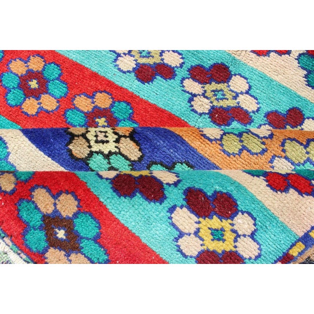 Mid-Century Modern Turkish Rug With Multicolored Stripes and Flower Designs For Sale - Image 10 of 12