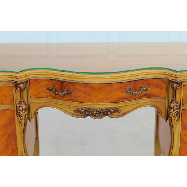 Wood Magnificent Vintage French Provincial Louis XV Rococo Satinwood & Burl Wood Vanity For Sale - Image 7 of 14