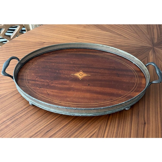 American 1800s Meriden Britannia Co. Mahogany Butler's Tray With Inlay For Sale - Image 3 of 12