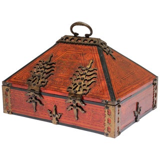 19th Century Indian Malabar Dowry Jewelry Box in Lacquered Teak With Handcrafted Brass From Kerala For Sale