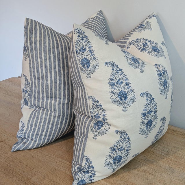 Transitional Katie Leede Mughal Garden Pillows With Blue Striped Backs- Pair For Sale - Image 3 of 7