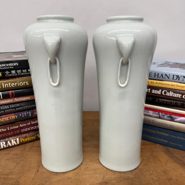 White Tall White Ceramic Vases with Elephant Head Handles - A Pair For Sale - Image 8 of 13