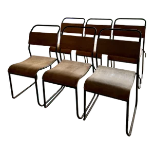 Mid-Century Modern Circa 1960s Stadium Tubular Bentwood Style Stacking Chairs- Set of 6