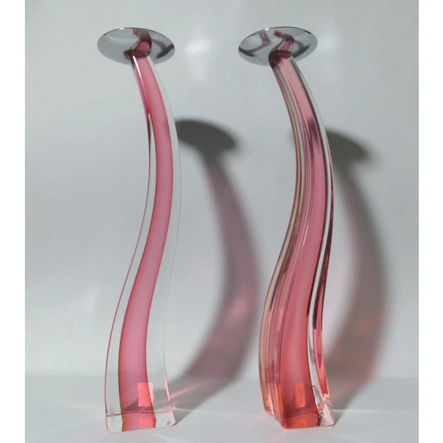 Italian curved Murano candlestick hand blown in pink and clear glass, made in Italy by Giuliano Tosi, circa 1980s Original...