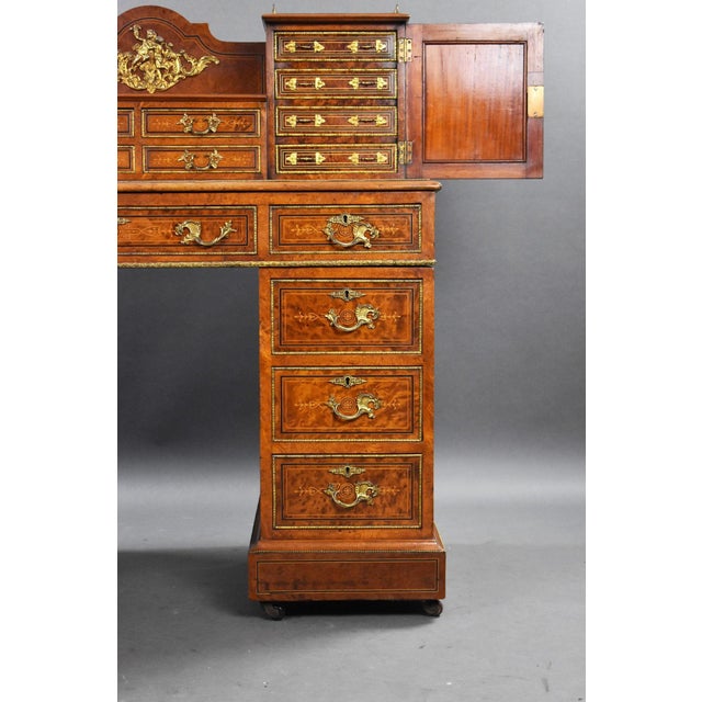 Victorian Burr Walnut and Ormolu-Mounted Pedestal Desk with Cabinet Top, 1870 For Sale - Image 12 of 18