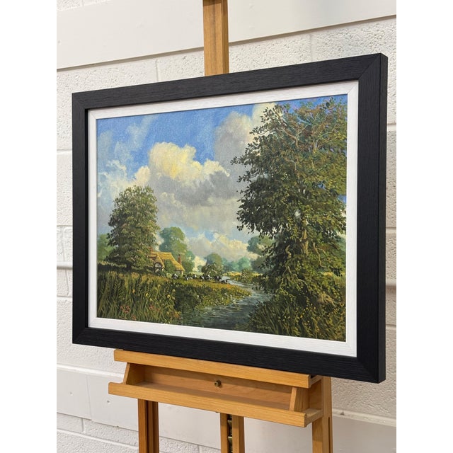 English Countryside Oil Painting with Thatched Cottage, River & Cows Grazing 1985 Circa For Sale - Image 10 of 15