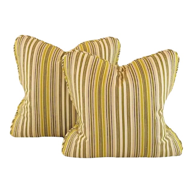 Premier Prints MM Designs Brown, Green & Ivory Awning Pin Ticking Stripe Pillow Covers - a Pair For Sale