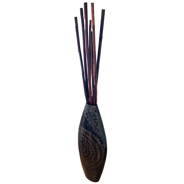 Tall 73 inch vintage hammered black & copper tone metal floor sculpture with seven bamboo branches. Protective felt...