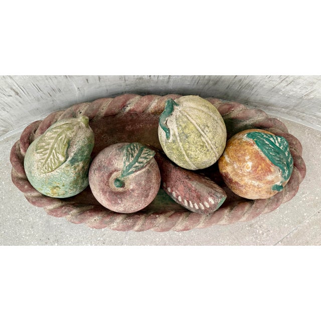 Brown 1970’s Vintage Monumental Mexican Folk Art Hand-Painted Terracotta Clay Fruit in Braided Oval Bowl, Centerpiece - Set of 6 For Sale - Image 8 of 12