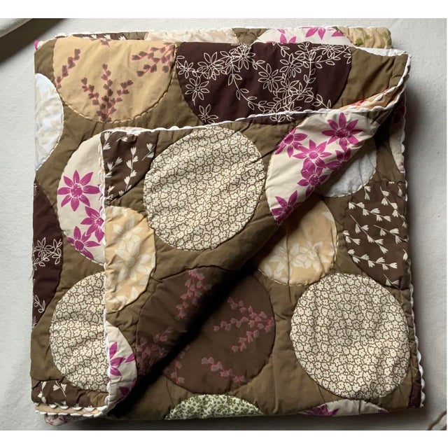 Hippie-Chic Japanese Cotton Medallion Quilt — Chocolate Brown & Pink Floral Circles, Hand Quilted, 66x88in. For Sale - Image 12 of 18