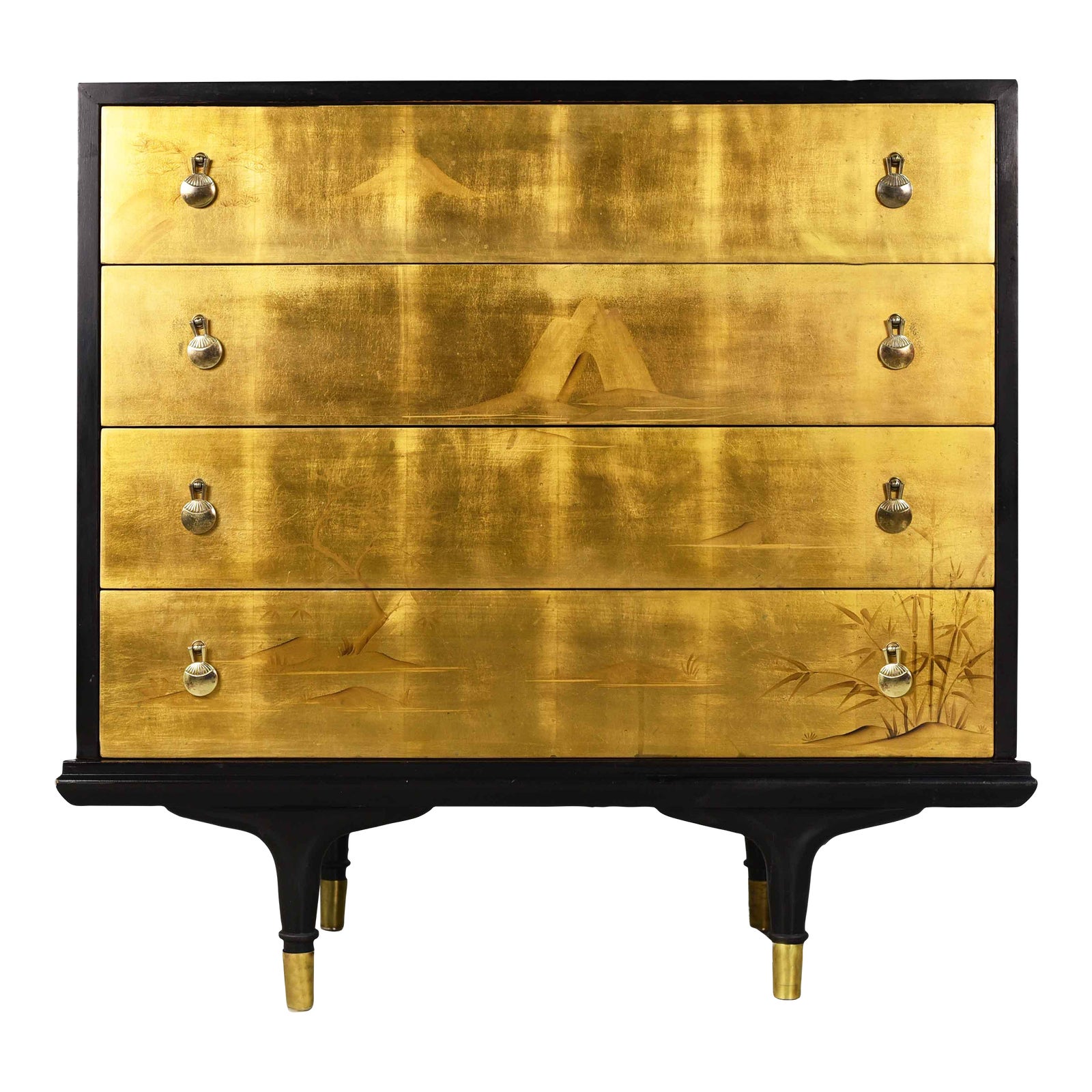 Mid Century Chinoiserie Gold Leafed 4 Drawer Chest by Johnson Furniture