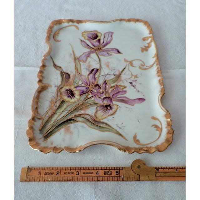 Art Nouveau Antique Art Nouveau Limoges Haviland & Co France Porcelain Hand Painted Purple Iris Tray 1888 1896 For Sale - Image 3 of 8