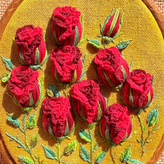 2020s Framed 3d Stumpwork Textile Wall Art - Vintage Botanical Red Roses on Yellow For Sale - Image 5 of 16