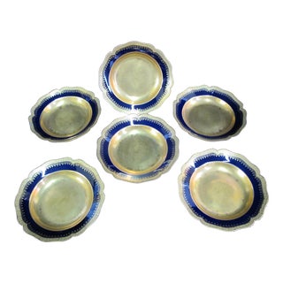 Antique Limoges W Guerin Porcelain Gold Gilt Cobalt Blue Scalloped Bowl Set of 6 For Sale