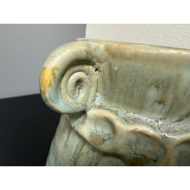 Mid 20th Century Mid 20th Century Pottery Green/Tan Glazed Two Tones Vase with Swirled Handles, Signed by Artist For Sale - Image 5 of 7