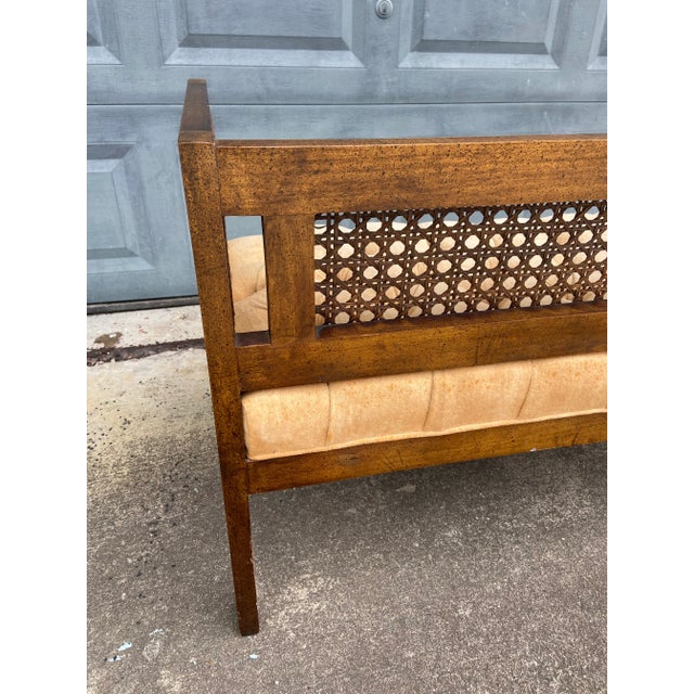 Mid Century Cane Bench or Settee With Upholstered + Tufted Velour For Sale - Image 9 of 13