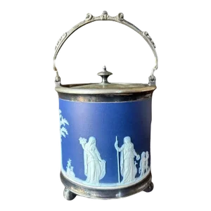 Vintage Old Wedgwood Dark Bloue Jasperware Biscuit Barrel Cookie Jar Vessel