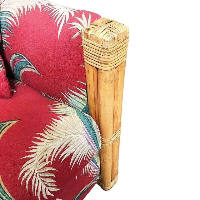 Yellow Restored "Big King" Plush Over Stuffed Rattan Settee Sofa W/ 4 Strand Arms, Pair For Sale - Image 8 of 8