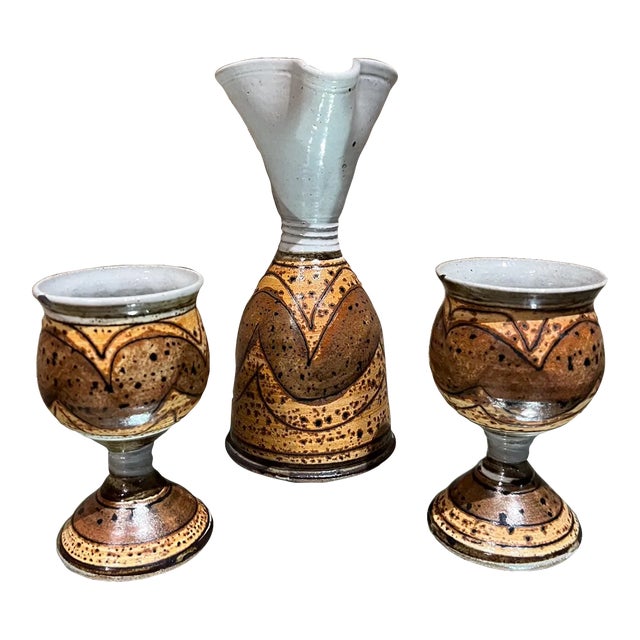 Modern Studio Art Pottery Wine Carafe Set 2 Goblets For Sale