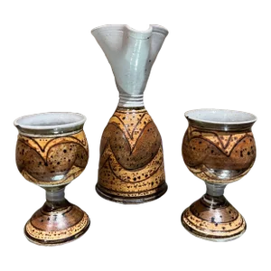 Modern Studio Art Pottery Wine Carafe Set 2 Goblets