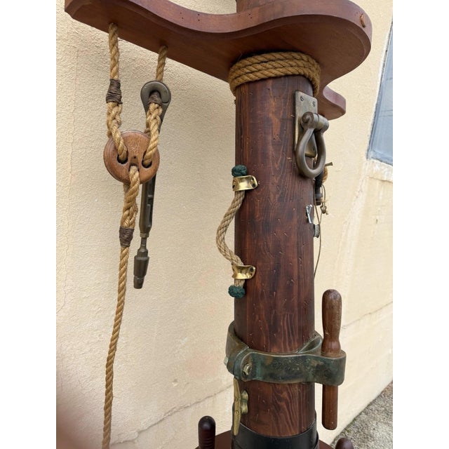 Wood Vintage Custom Nautical Wood 95" Ship Mast Mancave Bar Island W Pulley & Ropes For Sale - Image 7 of 18
