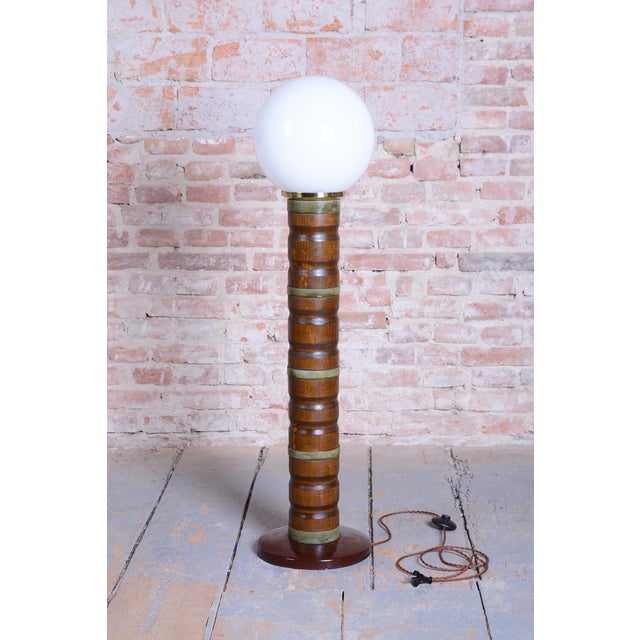 Art Deco Floor Lamp in Walnut, Brass and Milk Opaline Glass, Czech, 1930s For Sale - Image 4 of 12
