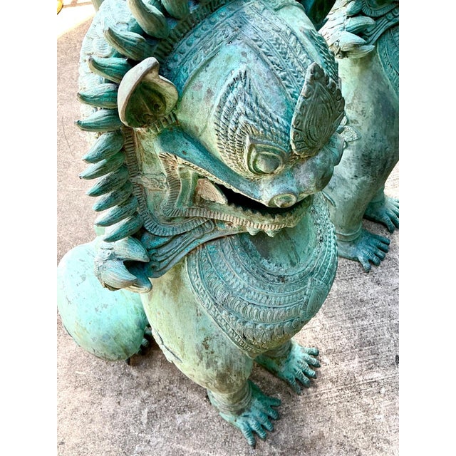 Vintage Verdigris Bronze Temple Lions - A Pair For Sale - Image 10 of 17