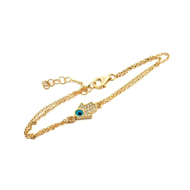 Minimalist Sparkly Hamsa Hand & Evil Eye Gold Bracelet For Sale In Miami - Image 6 of 11